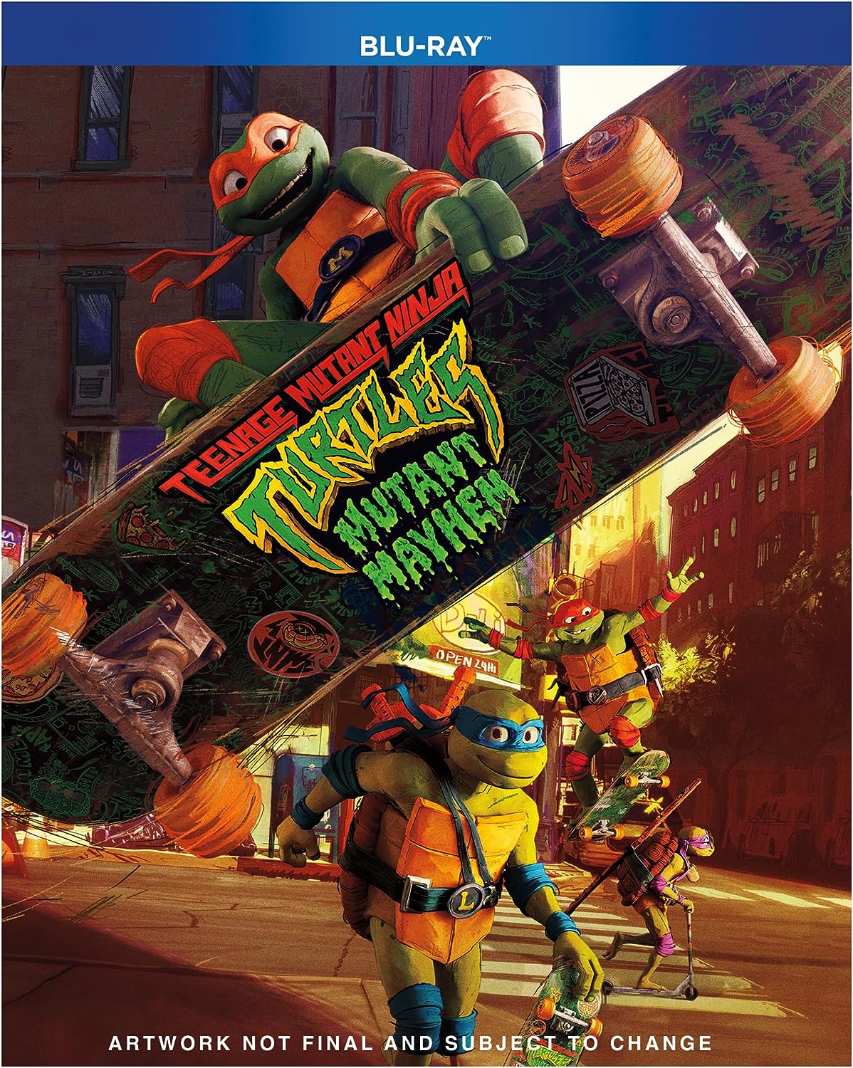 Teenage Mutant Ninja Turtles: Mutant Mayhem" Blu-ray cover with illustrated turtles.
