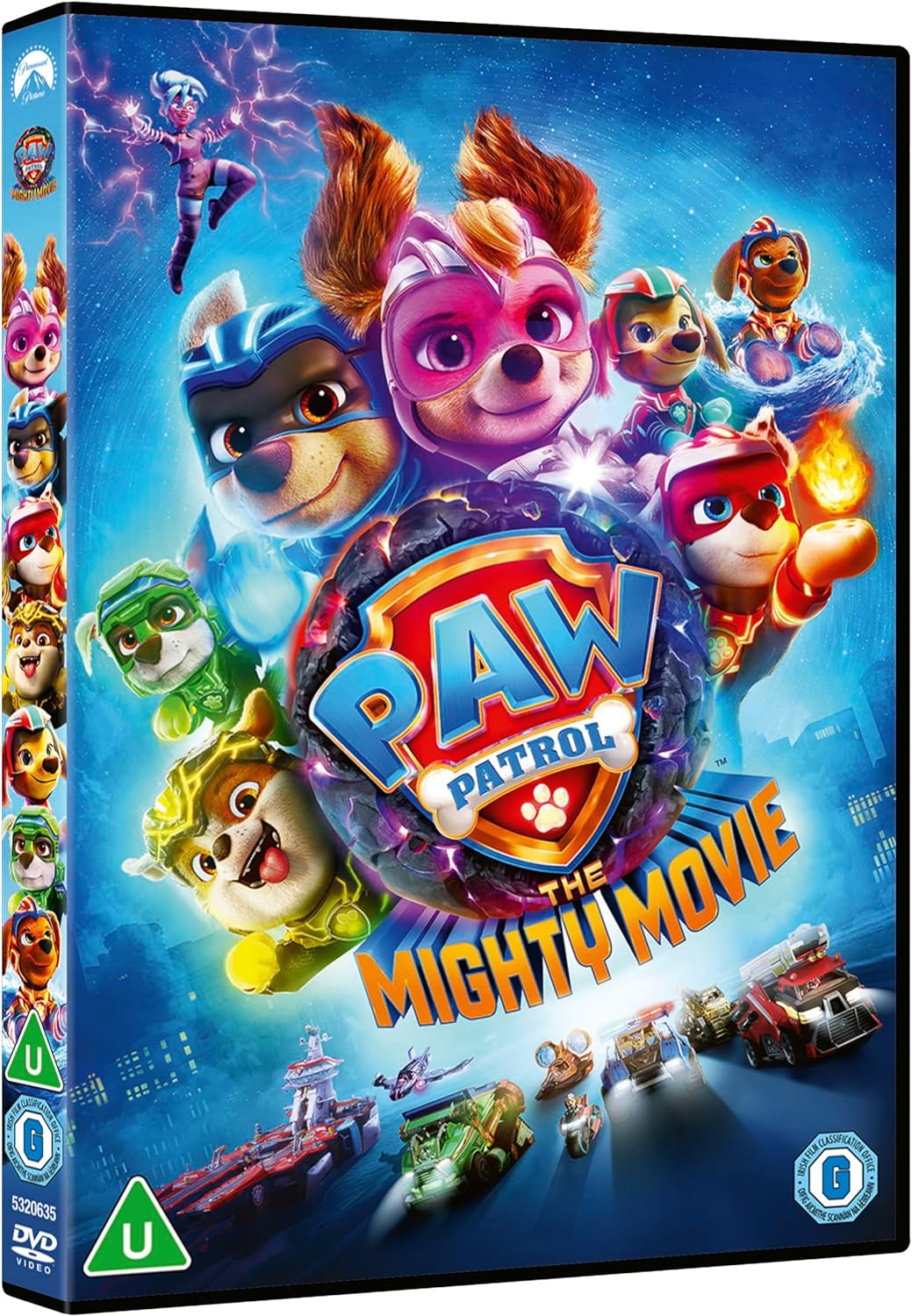 DVD cover for "Paw Patrol The Mighty Movie" featuring superhero pups.