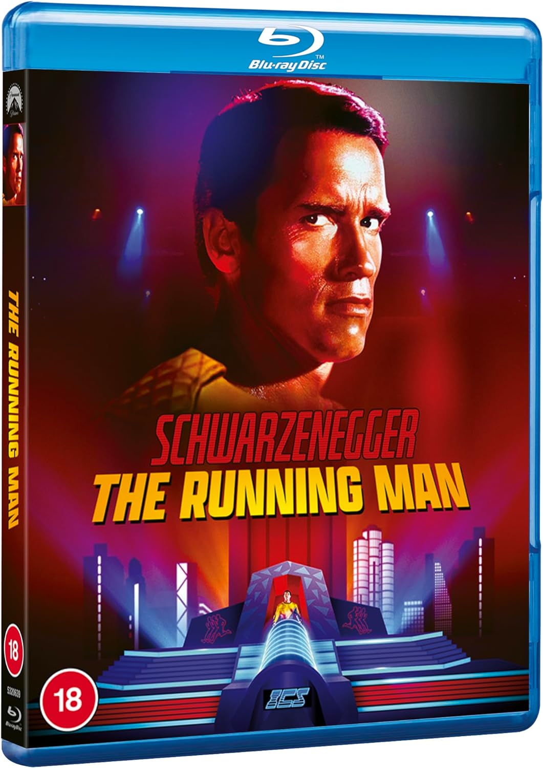 Blu-ray cover for "The Running Man" featuring Arnold Schwarzenegger’s face.