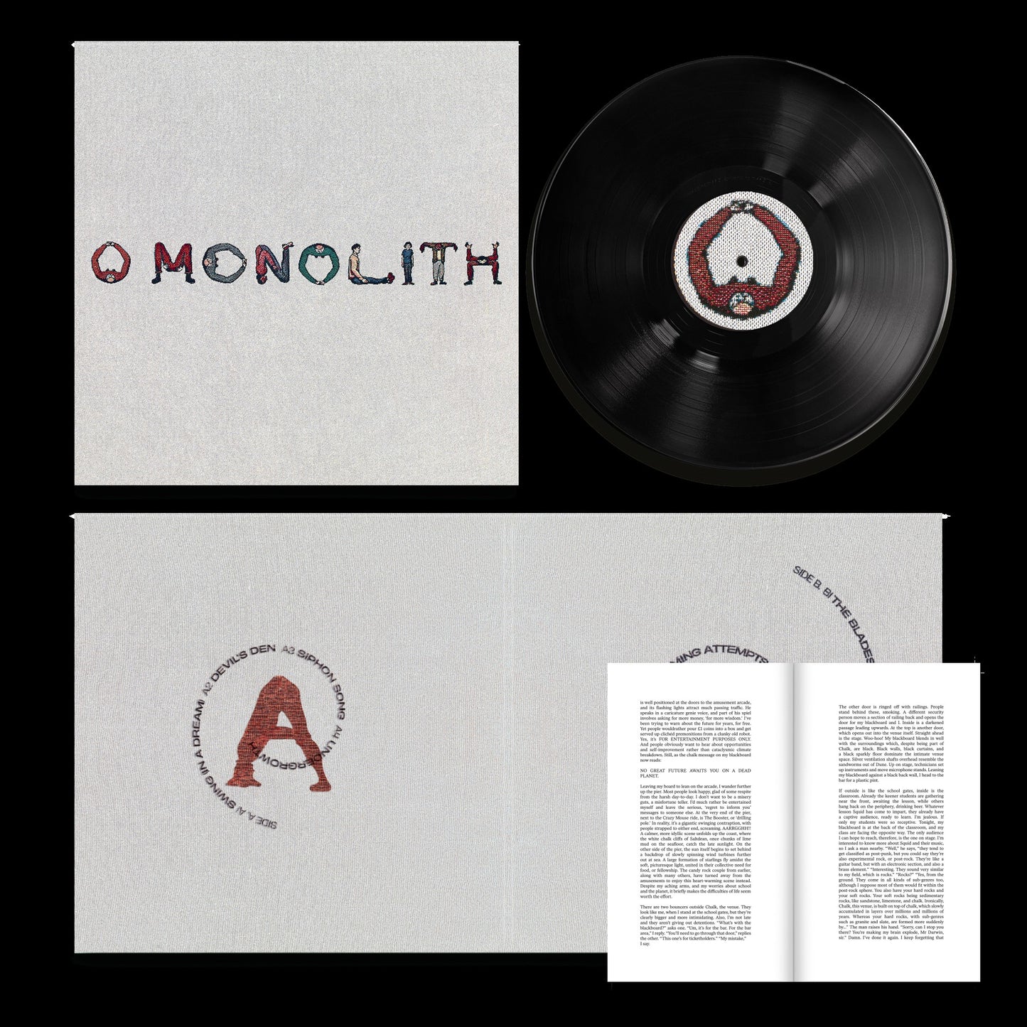 "Black vinyl record with white label and album cover and booklet on black background."