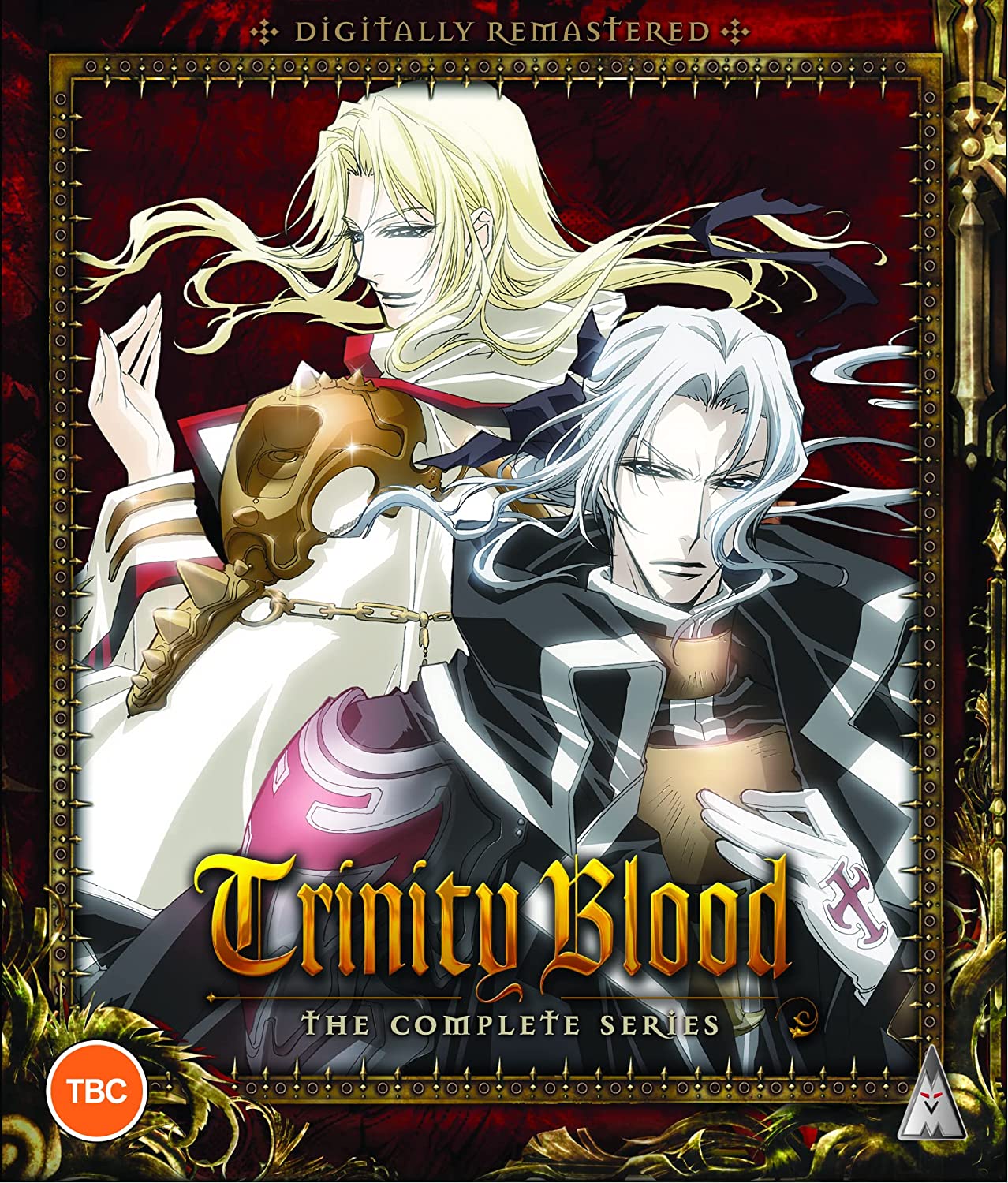 "Anime Blu-ray cover featuring two characters with flowing white hair against a red background."