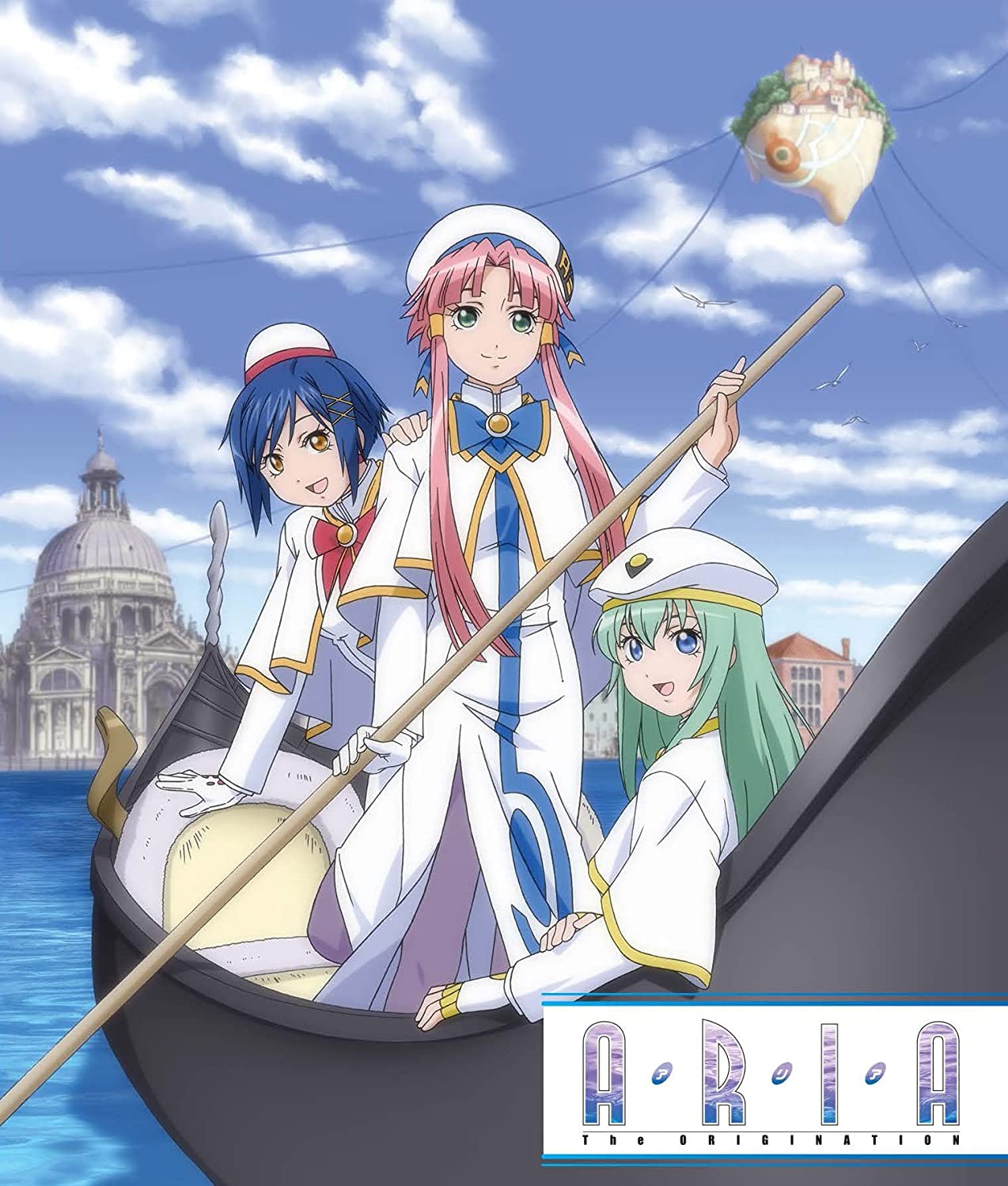 "Three anime girls in white sailor outfits on a boat, with a cityscape."