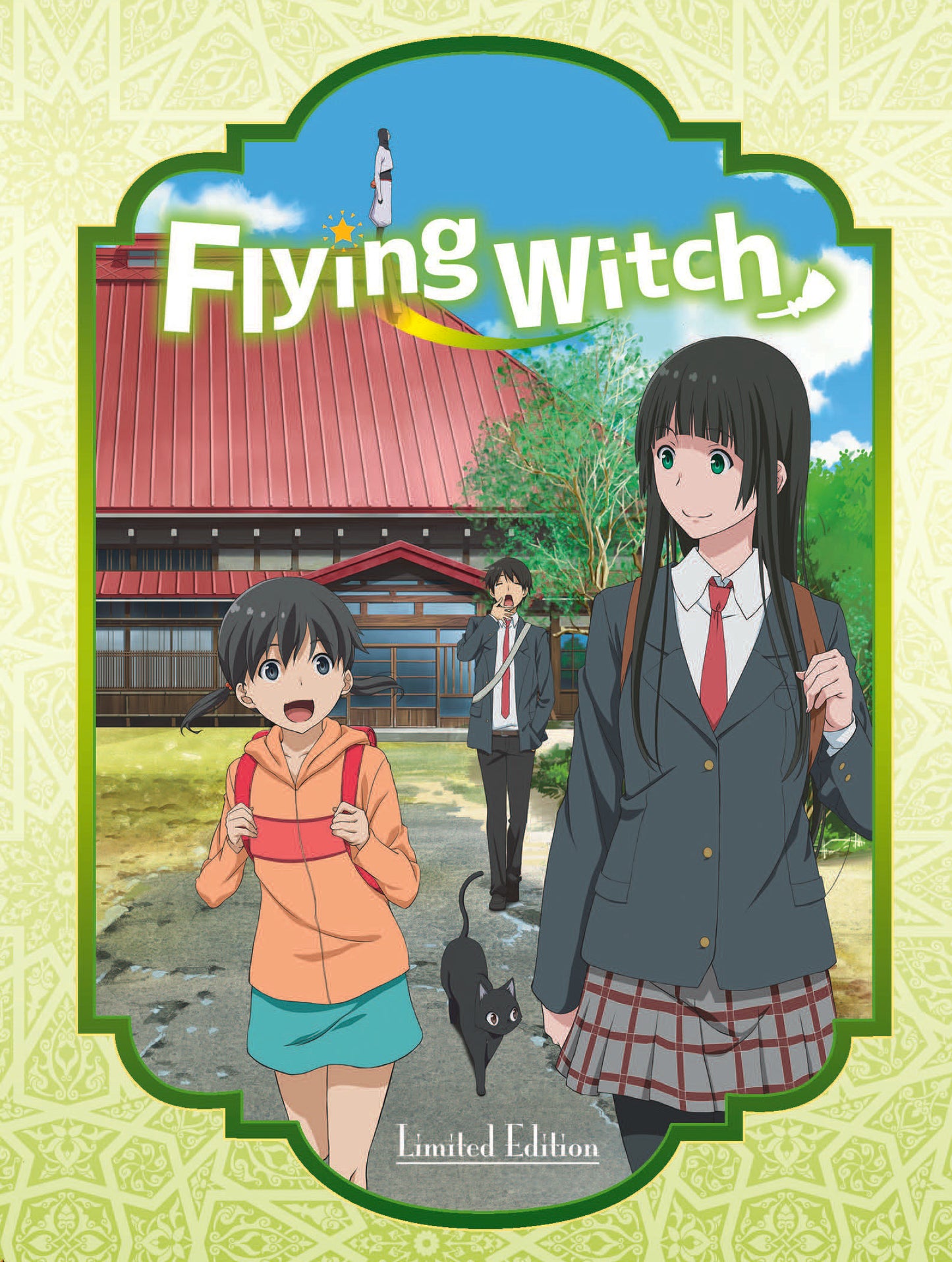 "Anime cover art featuring a girl and a black cat, with a red-roofed building."