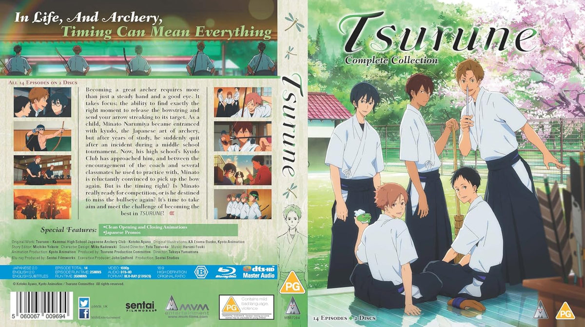 Blu-ray case for anime "Tsurune," featuring archers and a pink sky.