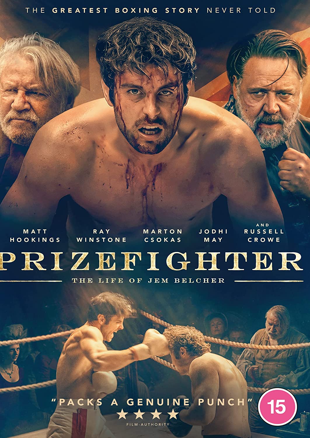 "DVD cover featuring a bruised boxer and boxing scene with gold title."