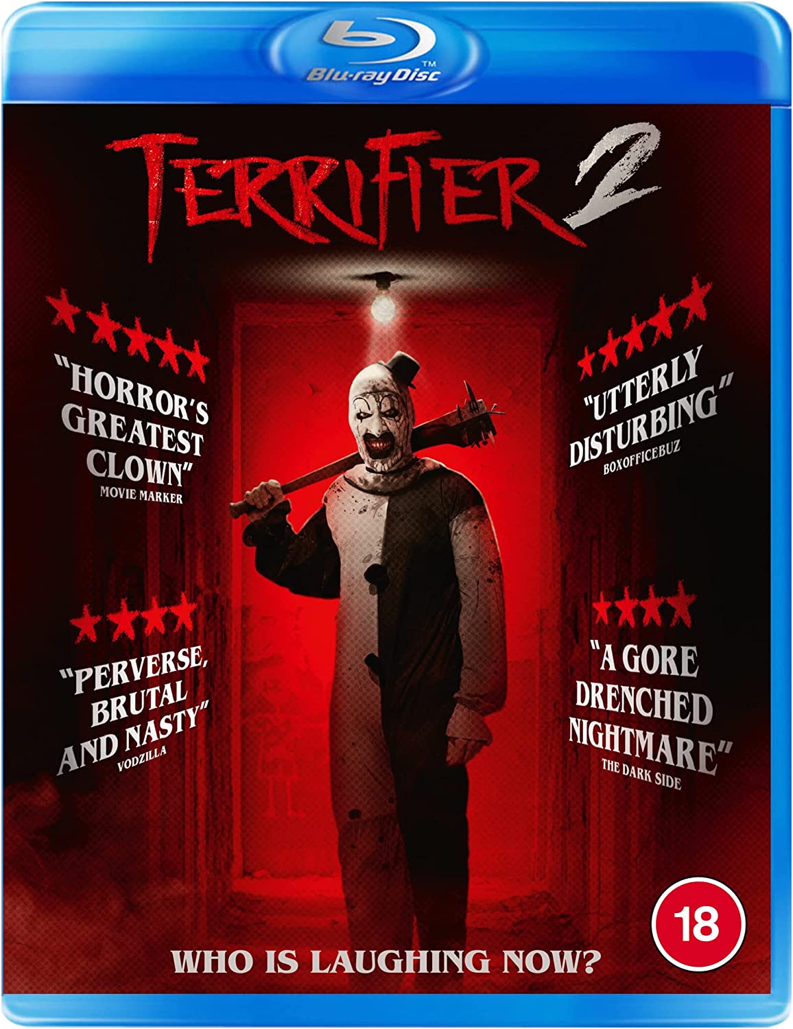 "Blu-ray case for 'Terrifier 2' with a clown character on a red background."