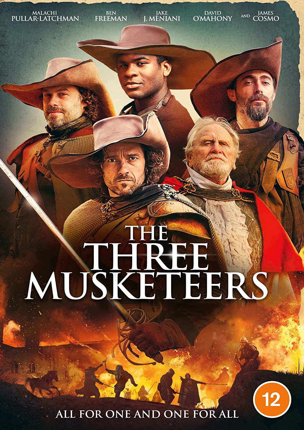 "The Three Musketeers DVD cover featuring five men in 17th-century attire with swords."