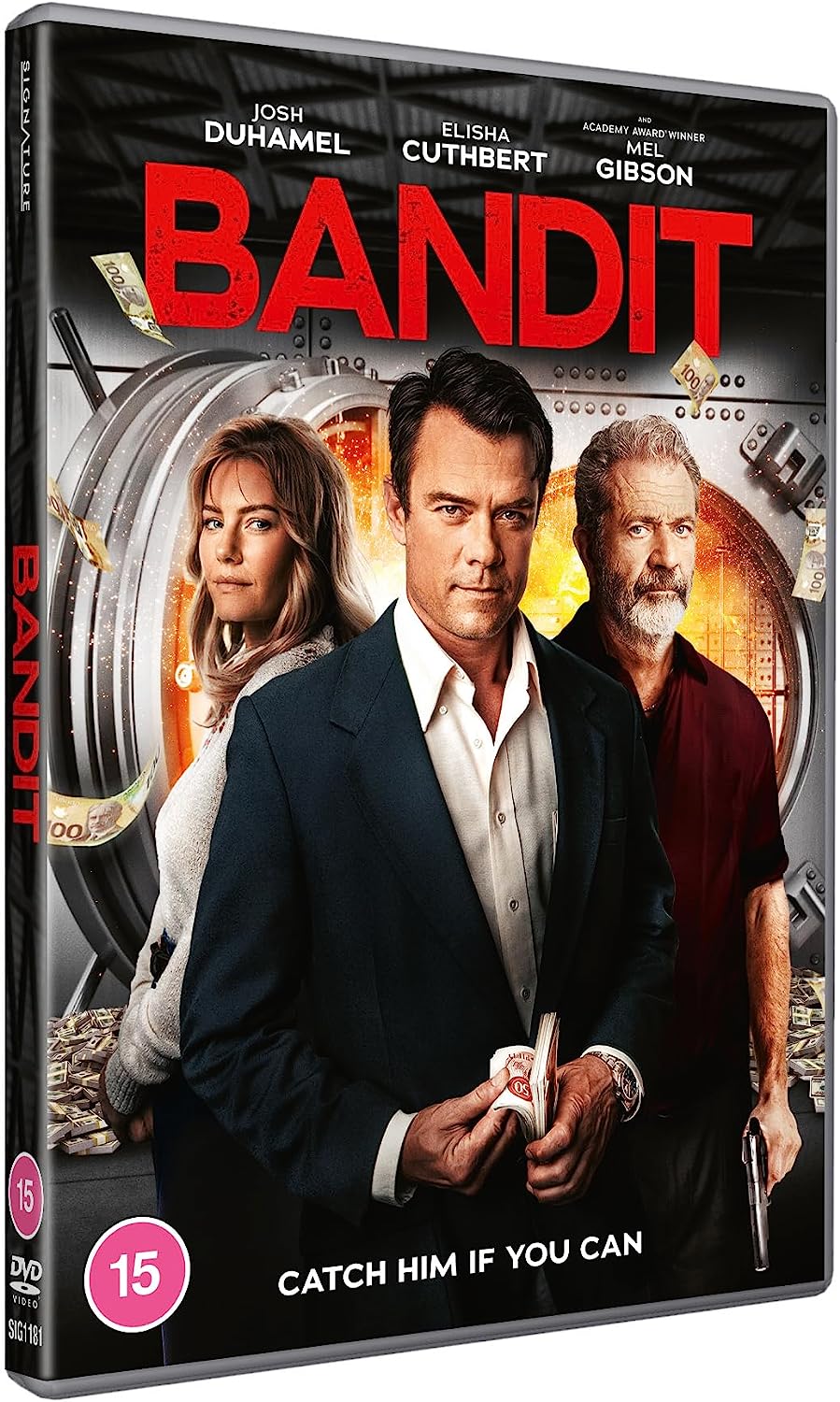 "DVD case for 'Bandit' with three actors and a vault door behind them."