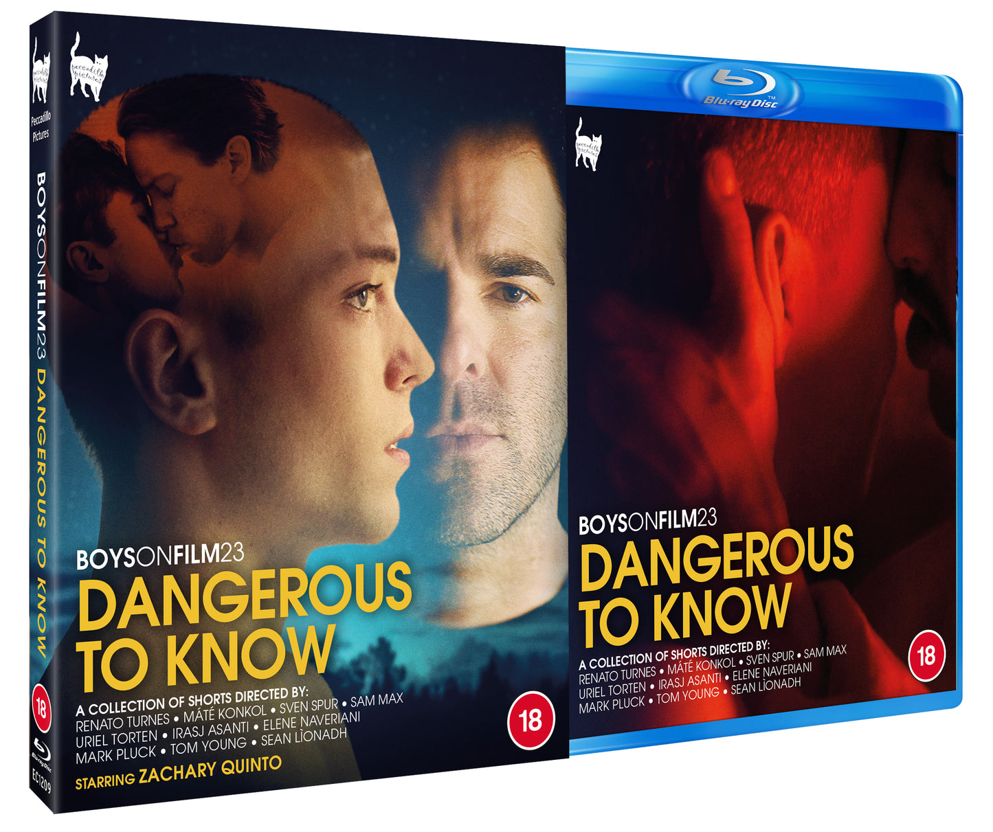 "Blu-ray case with cover art featuring two men in close proximity, dark background."