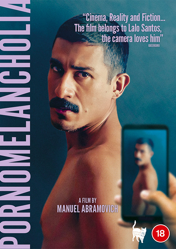 DVD cover featuring a shirtless man looking at a phone with another man’s image.