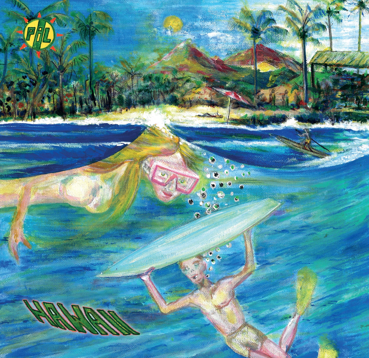 "Painting of two surfers in the ocean with palm trees and a beach in the background."