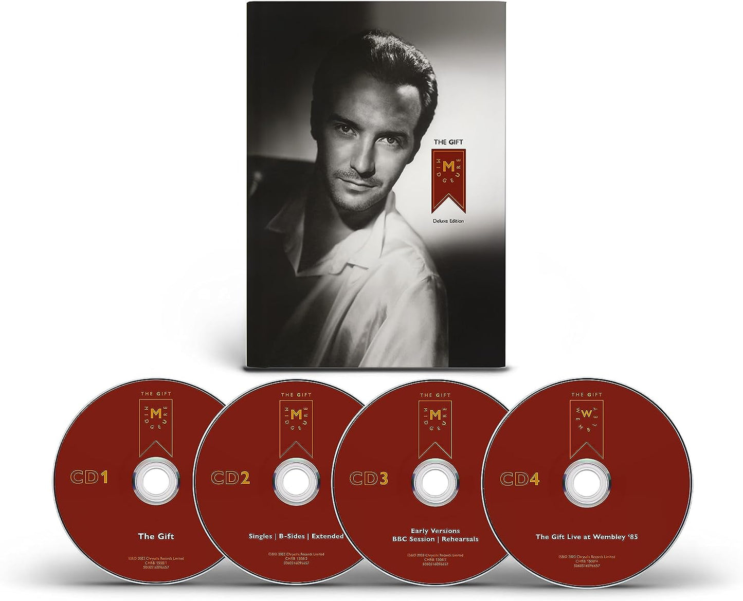 "CD case with a man's portrait and four red CDs."