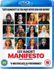 Manifesto" Blu-ray cover featuring Cate Blanchett in multiple character portraits.