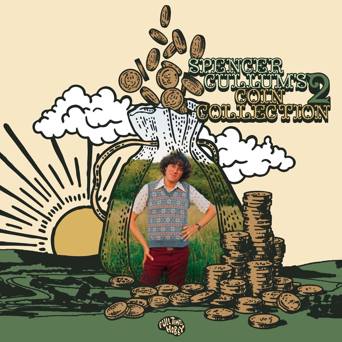 "Album cover with cartoon coins and man standing in front of a hill."
