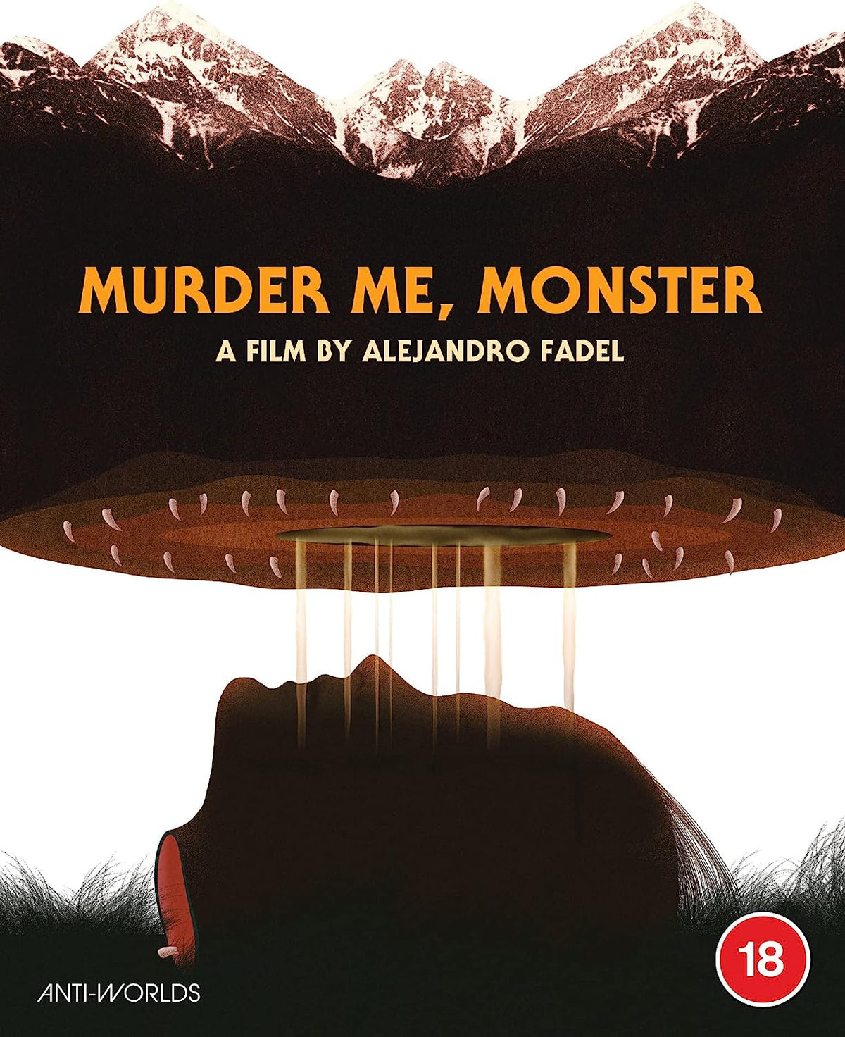 “Murder Me, Monster” Blu-ray cover with mountains, a figure, and a UFO.
