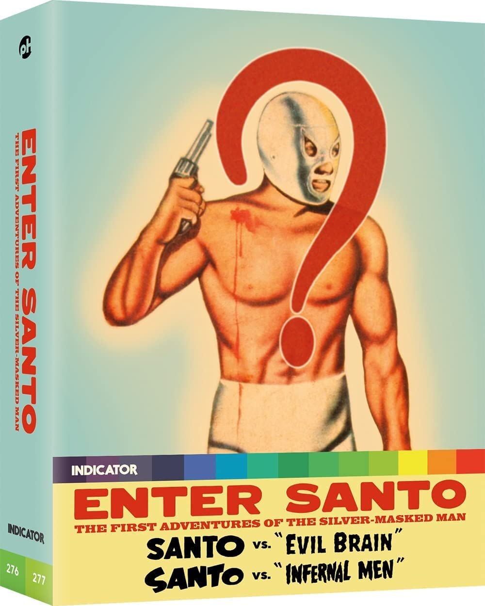 Blu-ray cover for "Enter Santo" featuring a silver-masked wrestler with a gun.