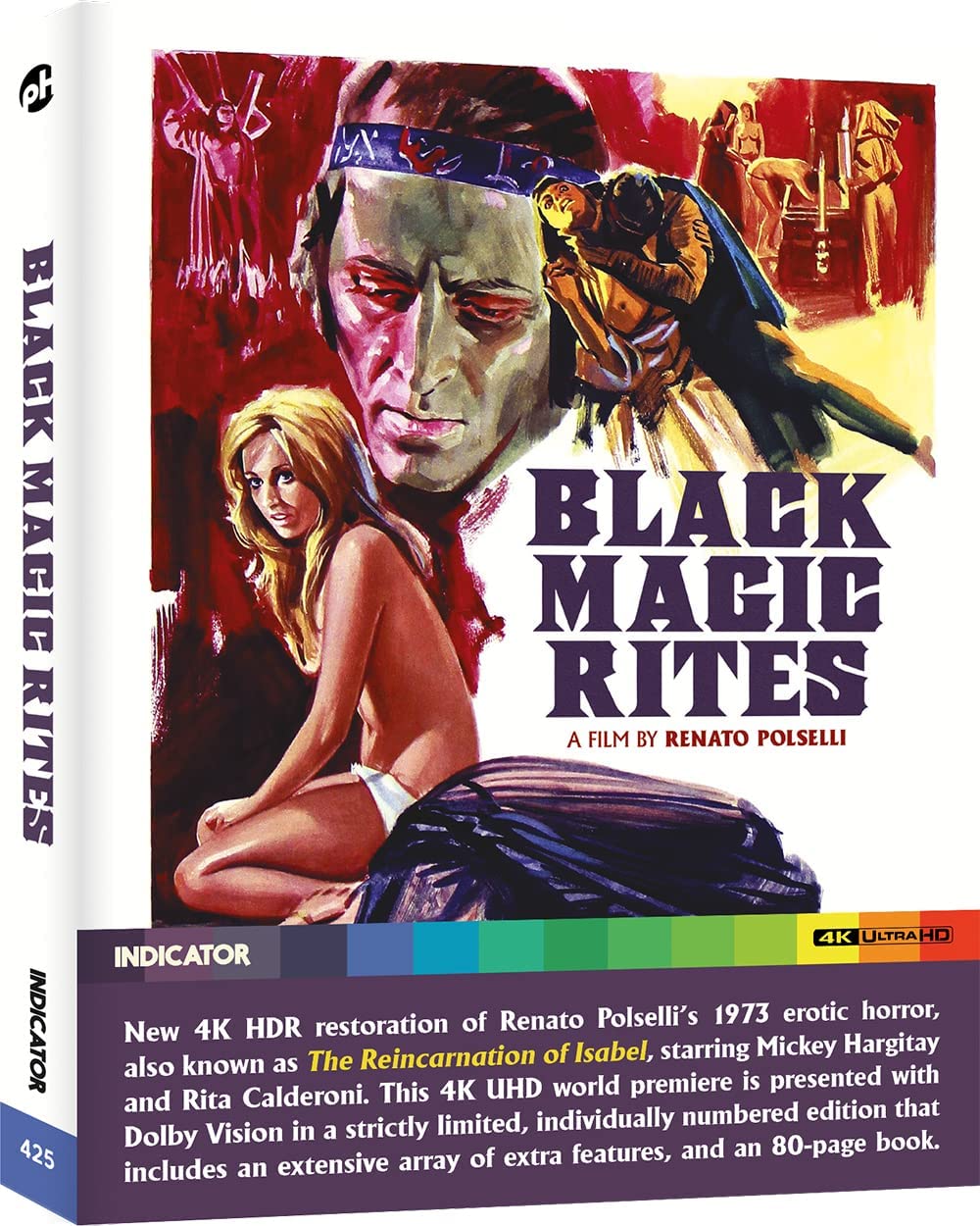 "Blu-ray case cover with 'Black Magic Rites' artwork featuring a woman and masked figure."