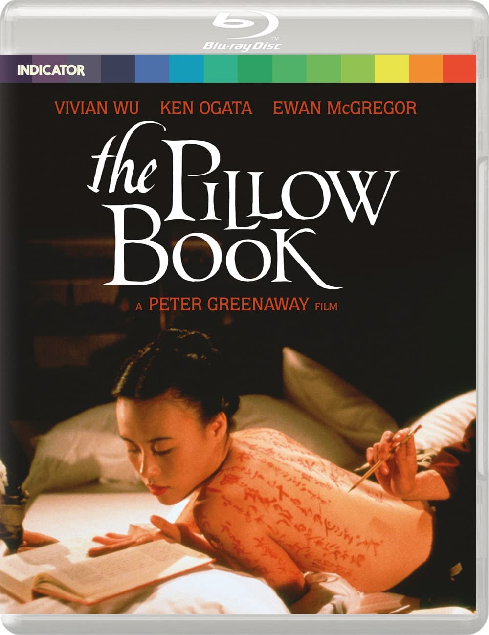 Blu-ray cover for “The Pillow Book” featuring a woman writing on skin.