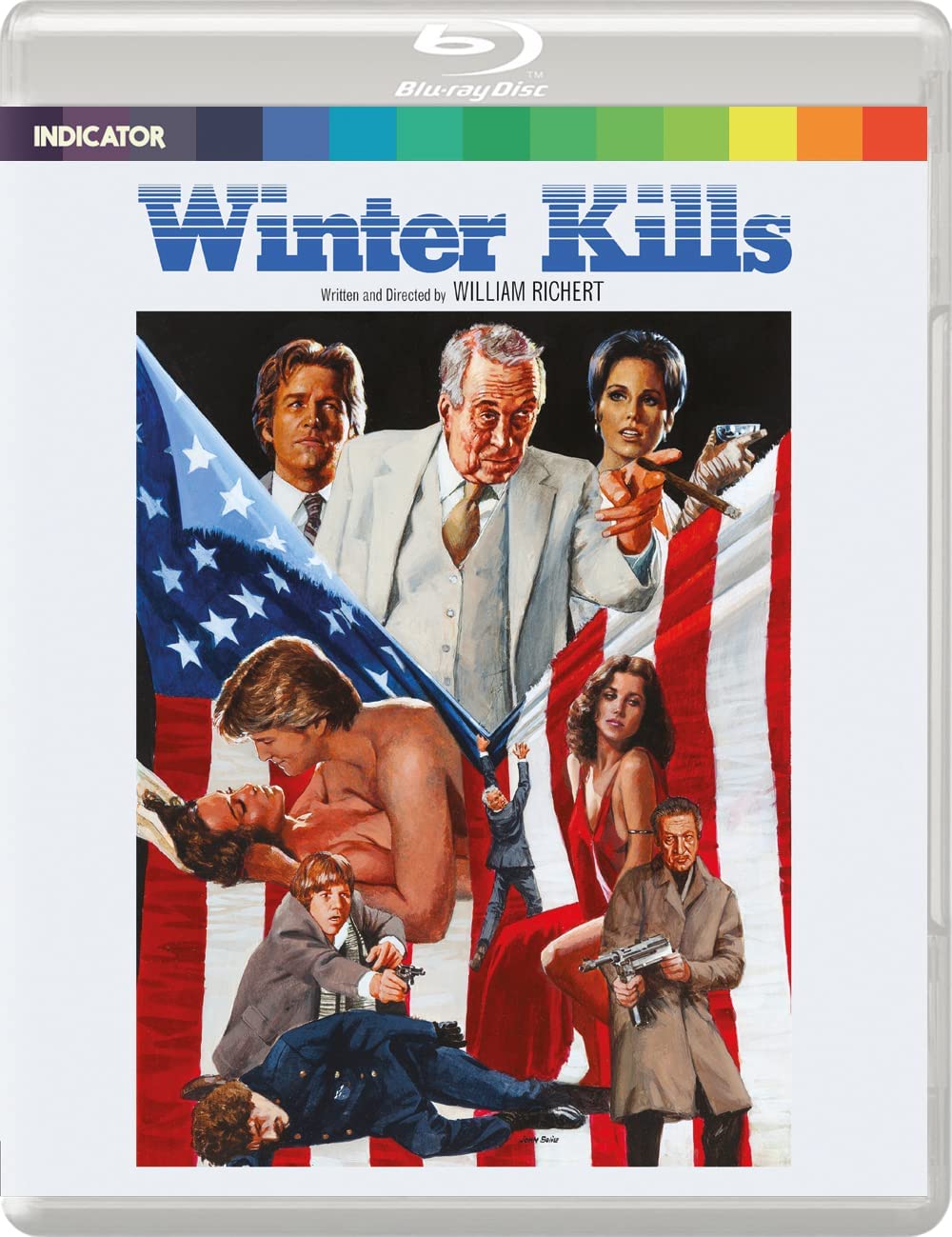 “Winter Kills” Blu-ray cover featuring a painted collage of figures and an American flag.