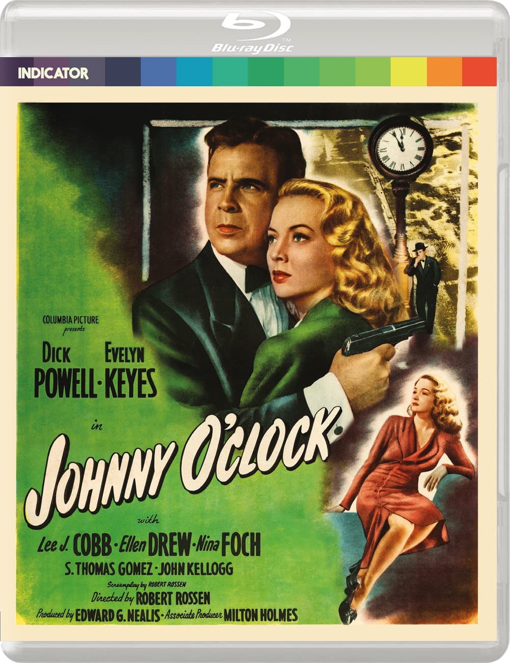 Blu-ray cover for “Johnny O’Clock” featuring Dick Powell and Evelyn Keyes.