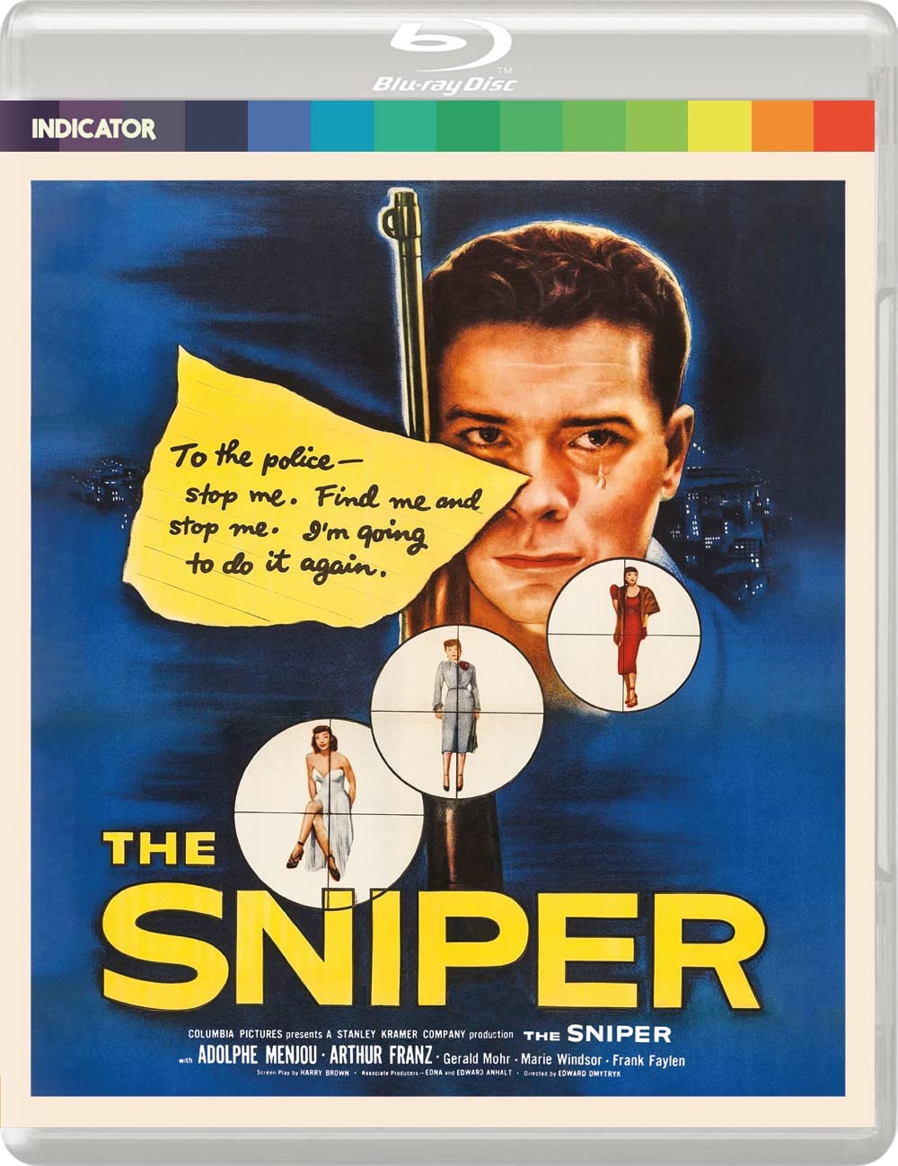 Blu-ray cover for “The Sniper” featuring a man with a rifle and city view.