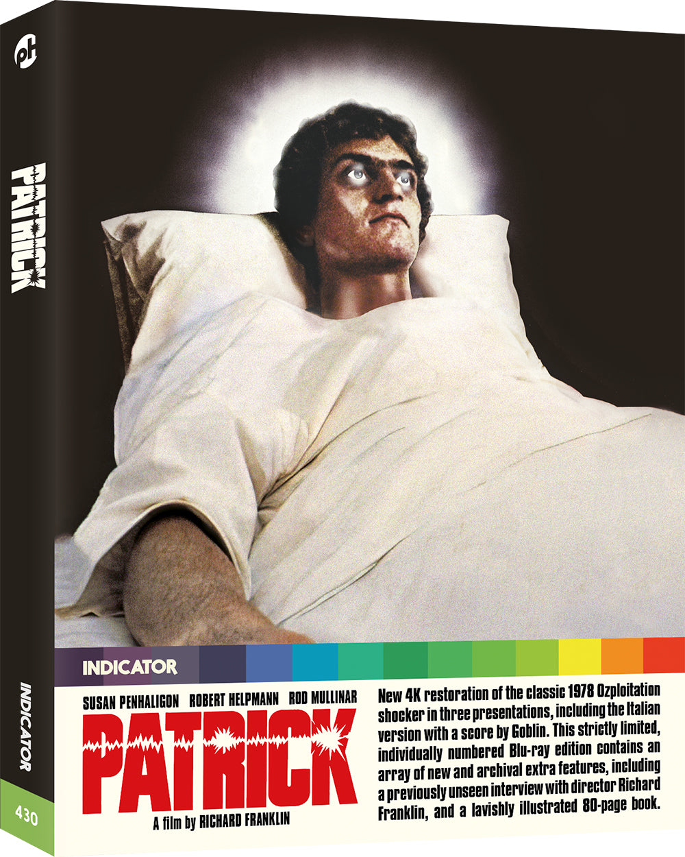 Blu-ray cover for the 1978 horror film *Patrick*, showing a man in bed.