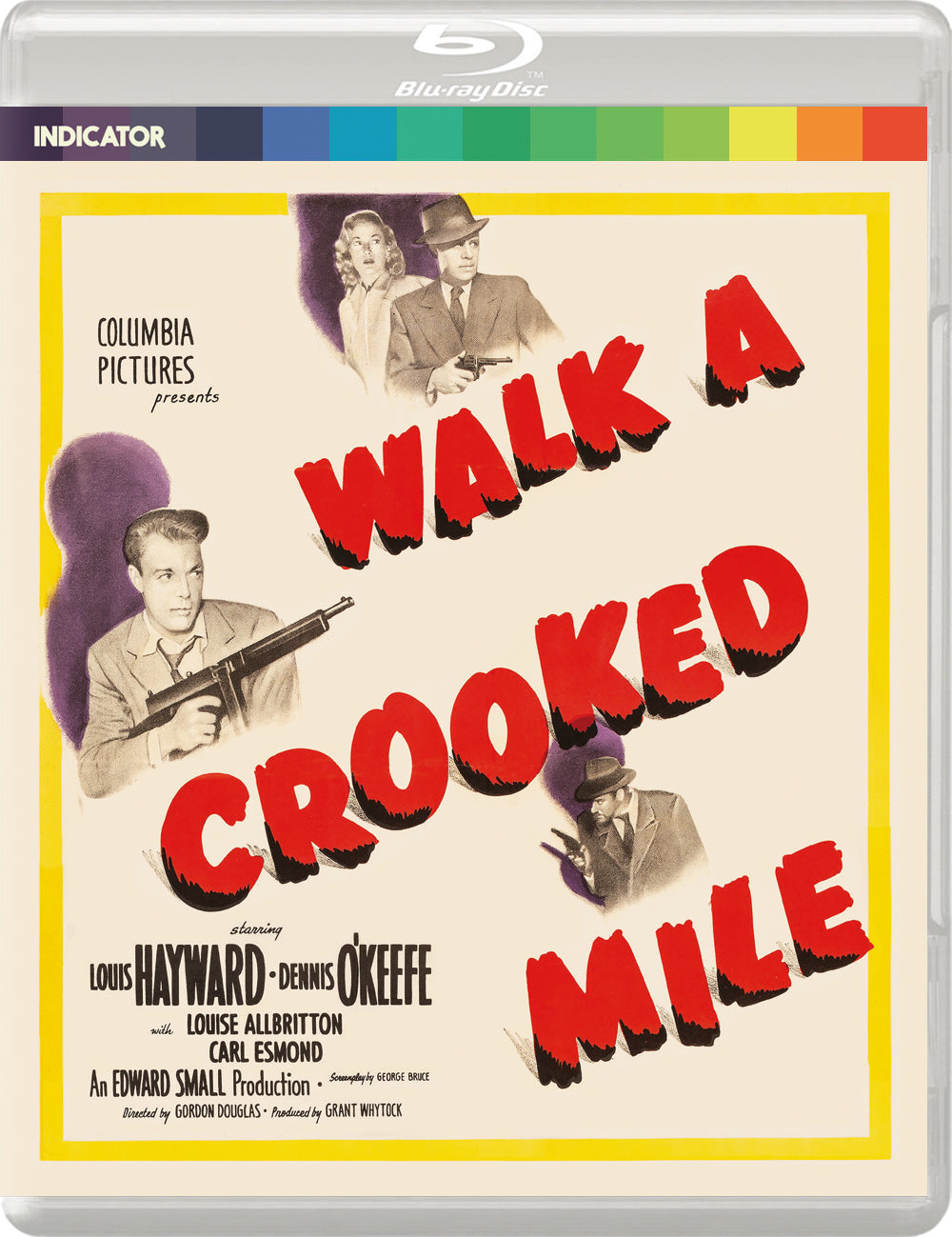 “Walk A Crooked Mile” Blu-ray cover with film noir imagery and cast names.