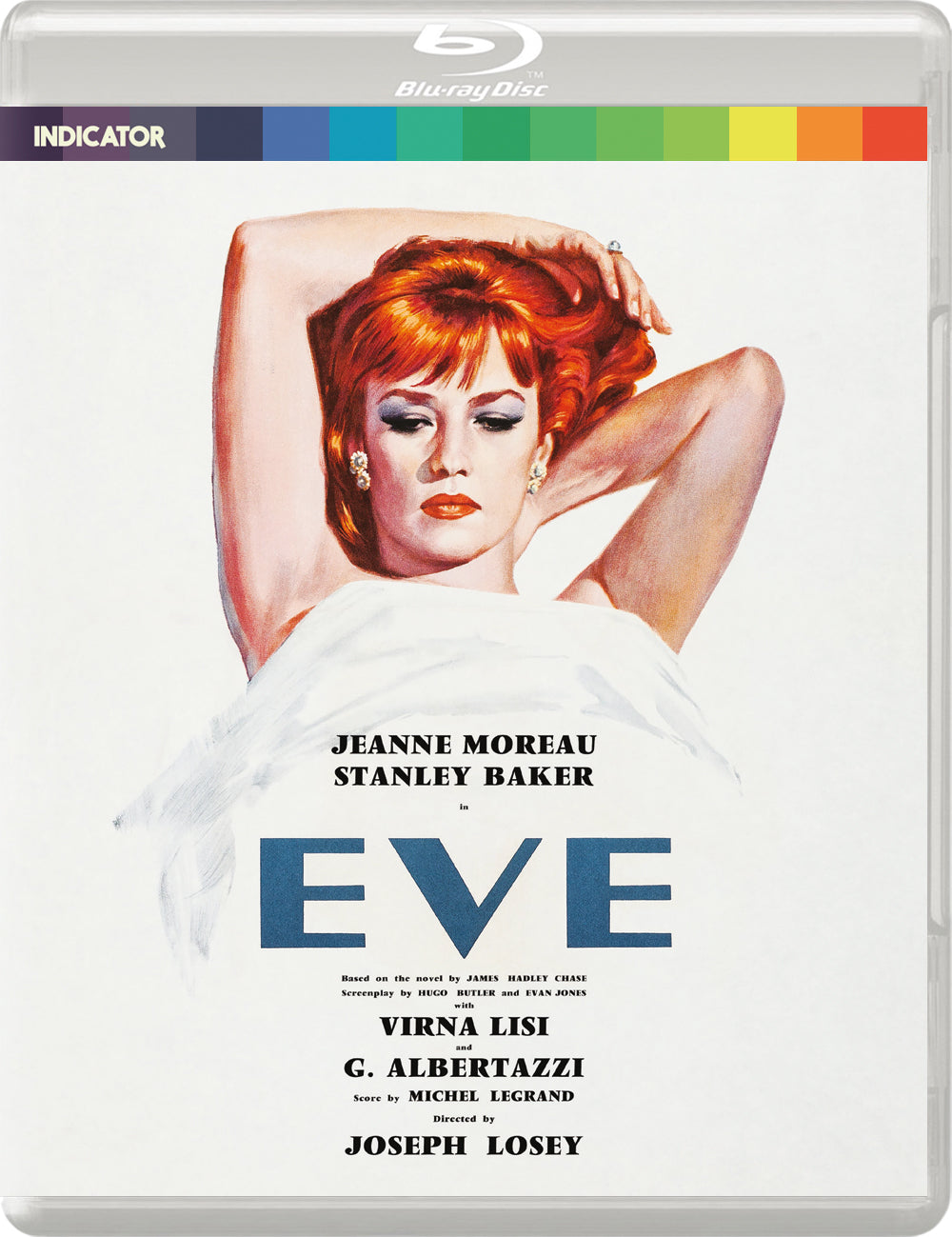 Blu-ray cover for “Eve” featuring Jeanne Moreau in a red dress.