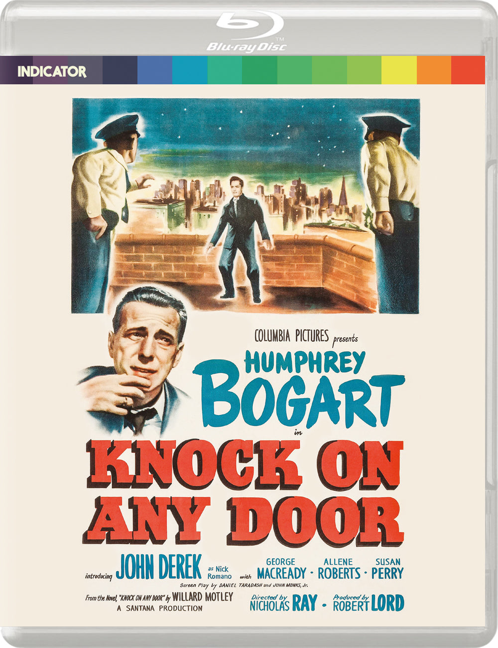 Blu-ray cover for “Knock On Any Door” featuring Humphrey Bogart and John Derek.