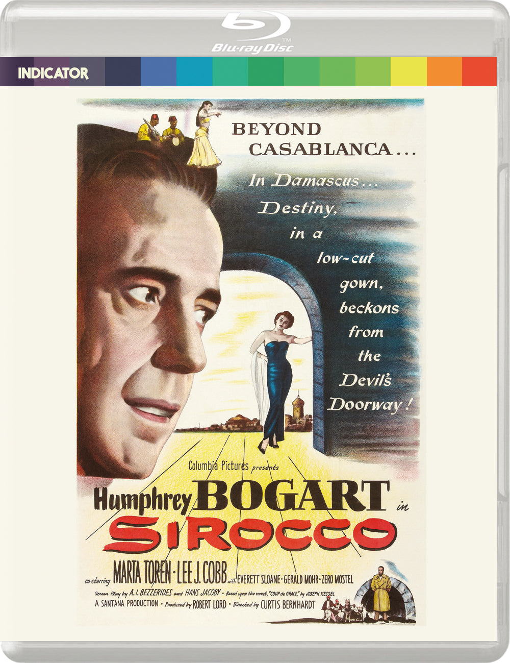 “Sirocco” Blu-ray cover featuring Humphrey Bogart and Marta Toren in a romantic scene.