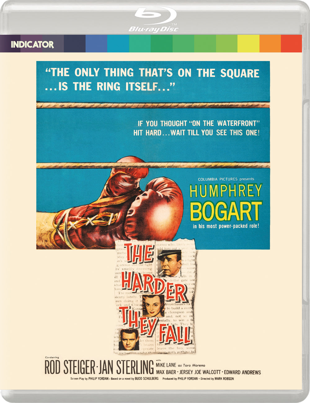 Blu-ray cover for "The Harder They Fall" featuring Humphrey Bogart and boxing imagery.