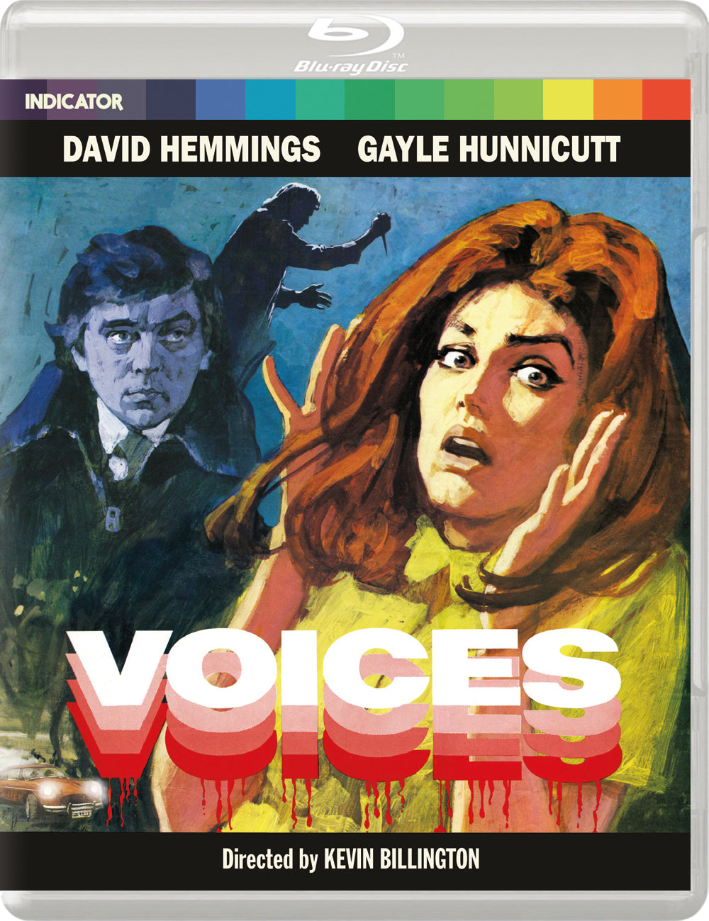 Blu-ray cover for "Voices" featuring a frightened woman and two men.