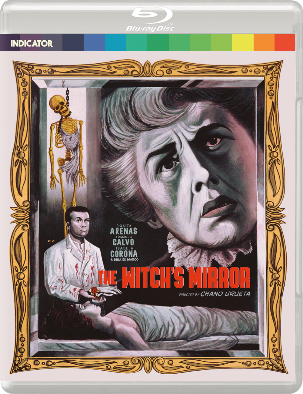 Blu-ray cover for "The Witch's Mirror" featuring a woman's face and skeleton.