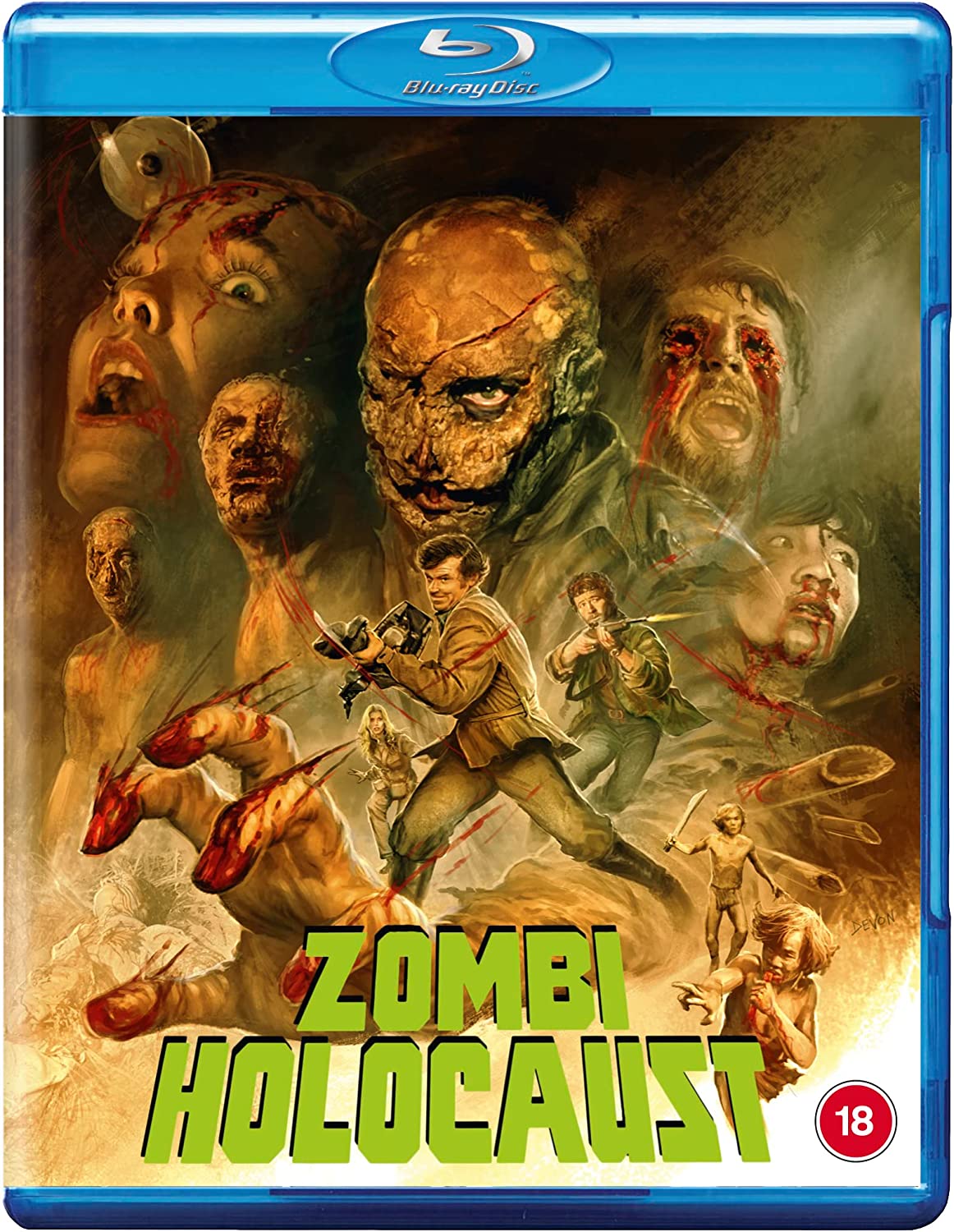 Blue Blu-ray case with "Zombi Holocaust" cover art featuring zombies and survivors in a chaotic scene.
