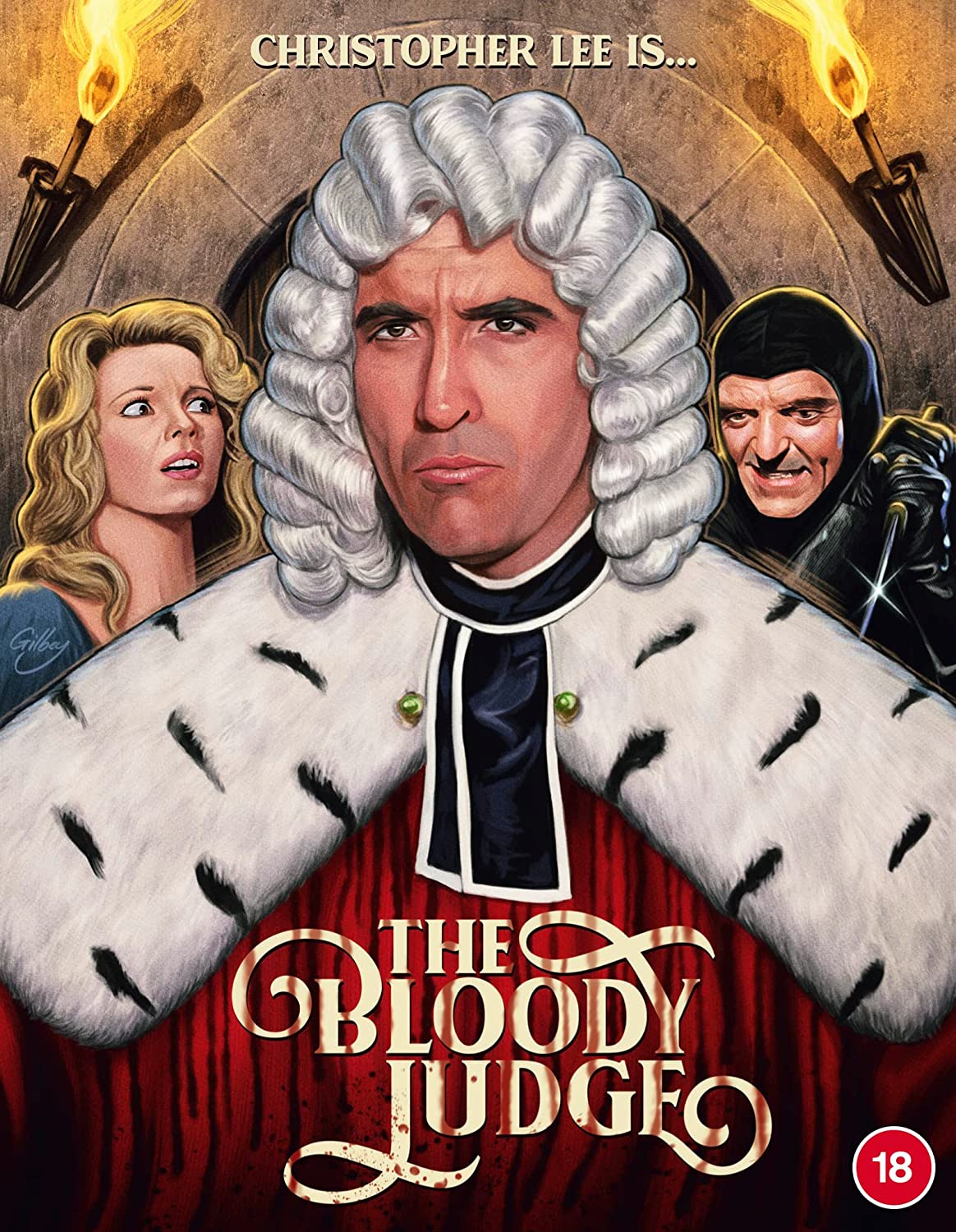 Blu-ray cover for "The Bloody Judge" featuring Christopher Lee in a wig and robe.