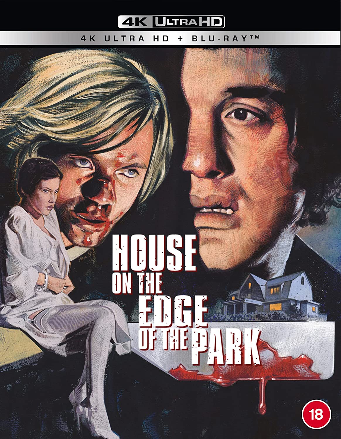 "Movie cover with a man, woman, and child, and a house illustration."