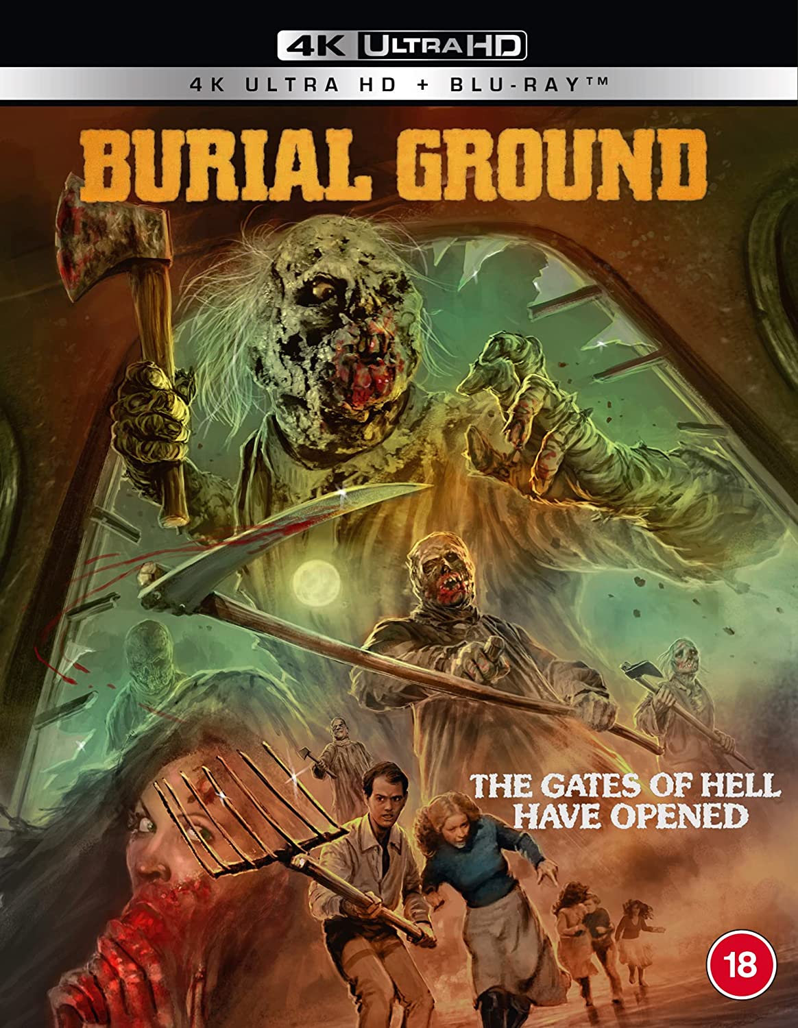 Horror movie cover featuring a zombie with an axe and fleeing man.
