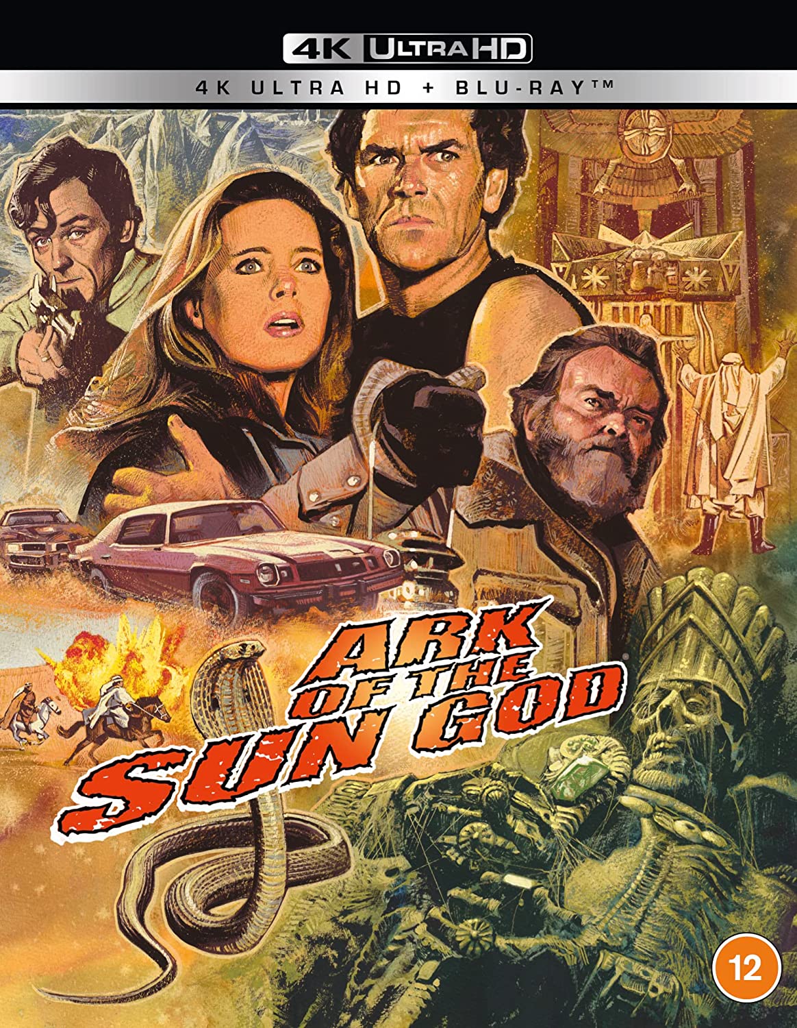 "Movie cover for 'Ark of the Sun God' with characters and ancient imagery."