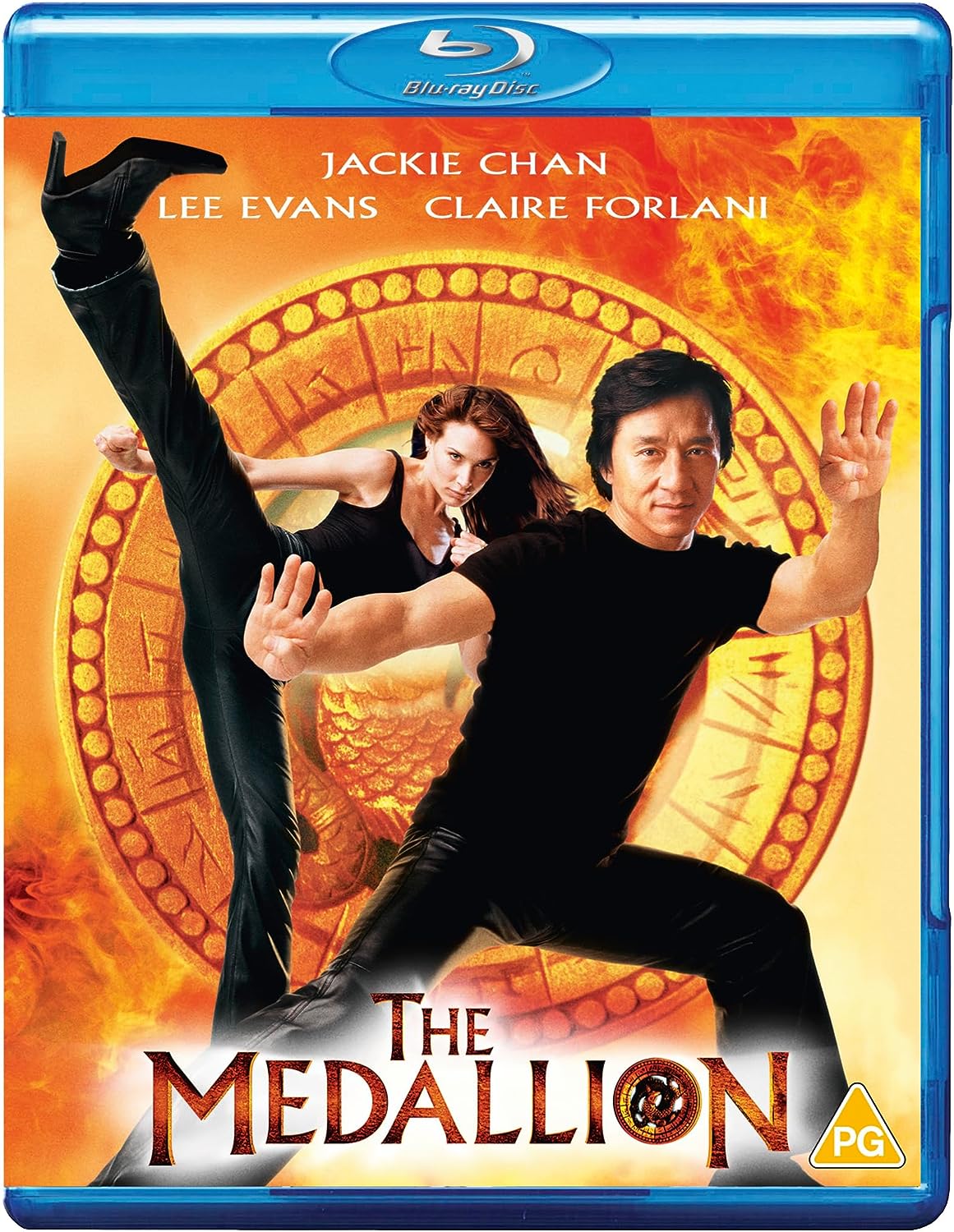 Blu-ray cover for "The Medallion" featuring Jackie Chan and Claire Forlani.