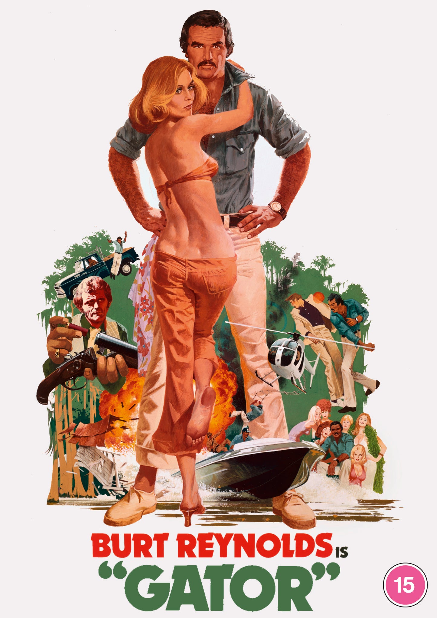 Movie poster for "Gator" featuring Burt Reynolds and a woman in a tense scene.