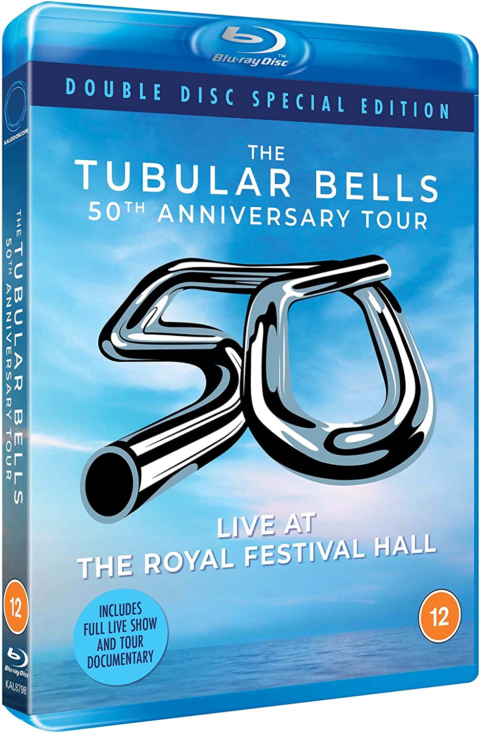 Blu-ray cover for "Tubular Bells 50th Anniversary Tour" featuring silver tubes.