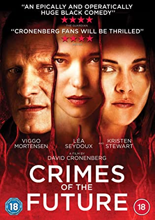 "Crimes of the Future DVD cover featuring three faces against a red background."