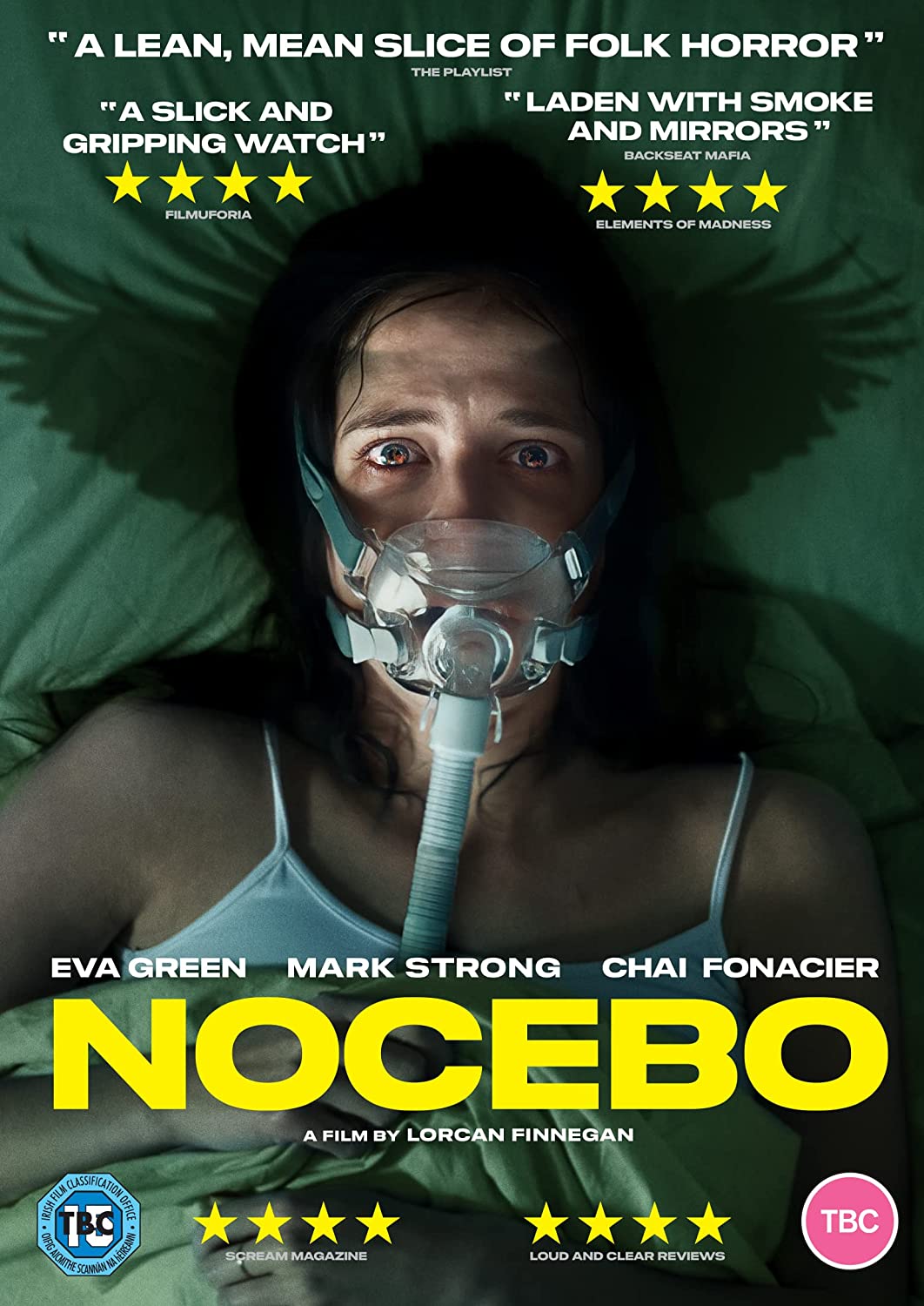 NOCEBO DVD cover featuring a woman wearing an oxygen mask, with dark green background.