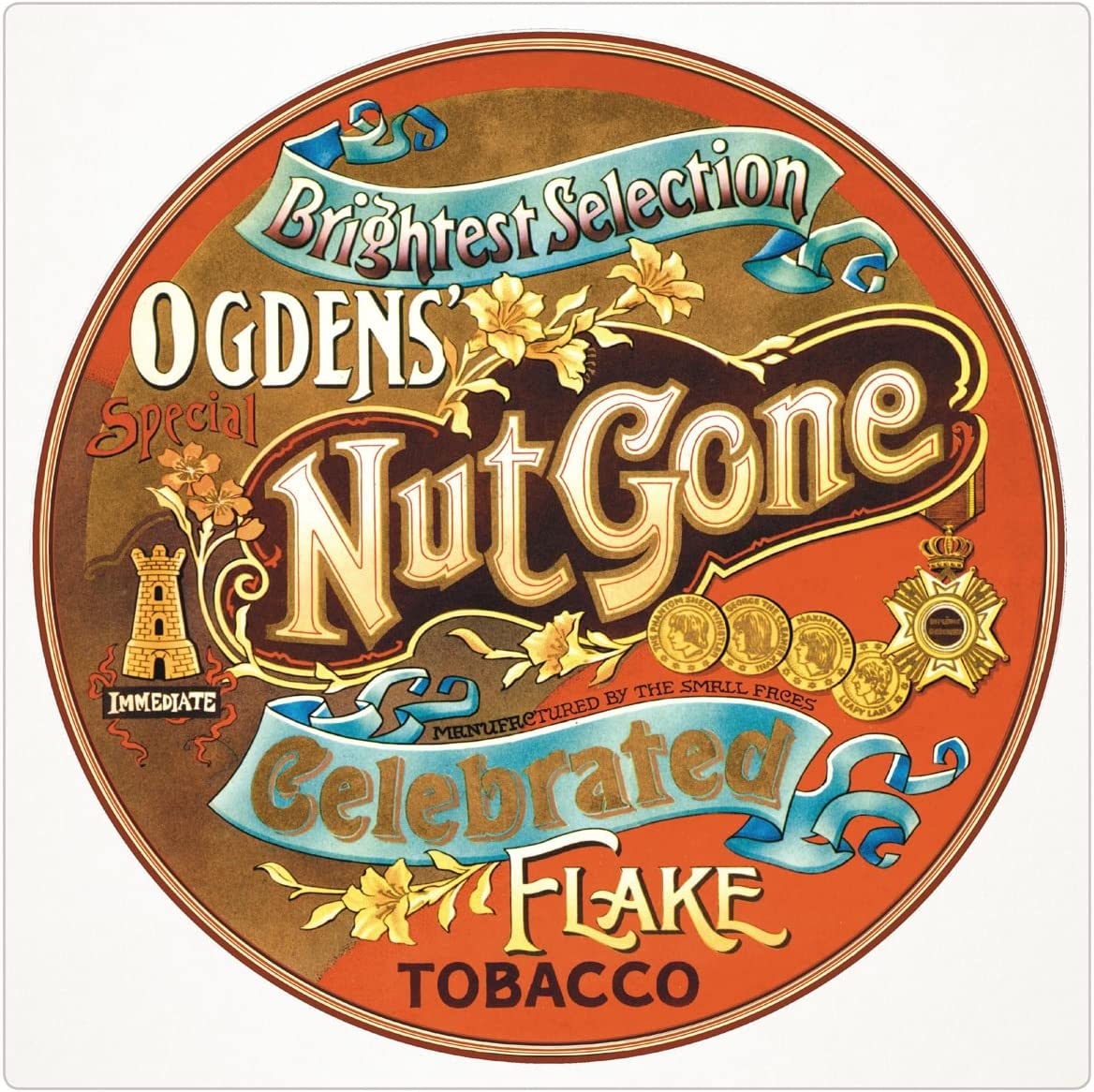 "Vintage-style red and gold circular album cover with ornate text and floral designs."