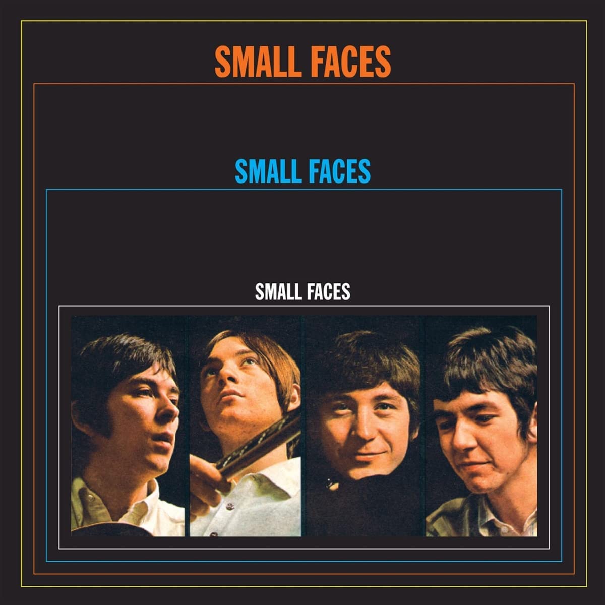 "Album cover with four band members' portraits on a black background."