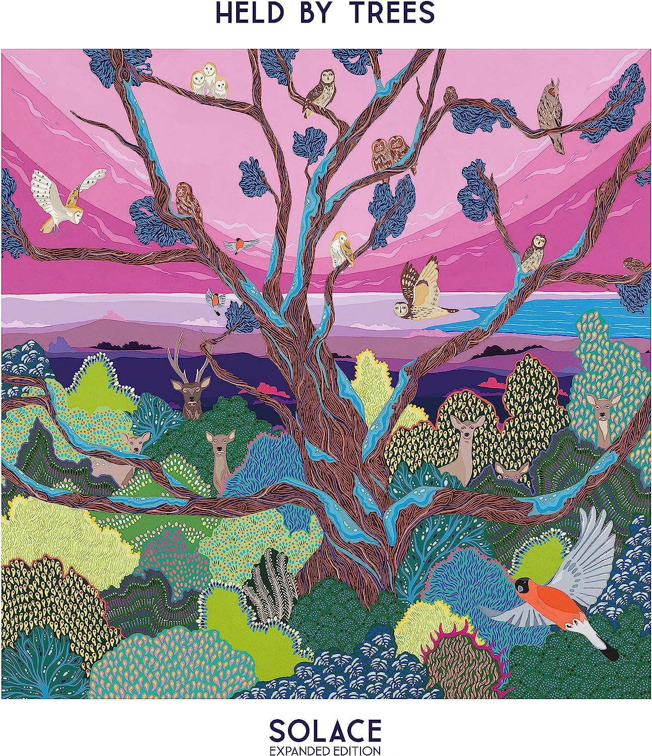 "Album cover art featuring a colorful tree with birds and animals in a landscape."