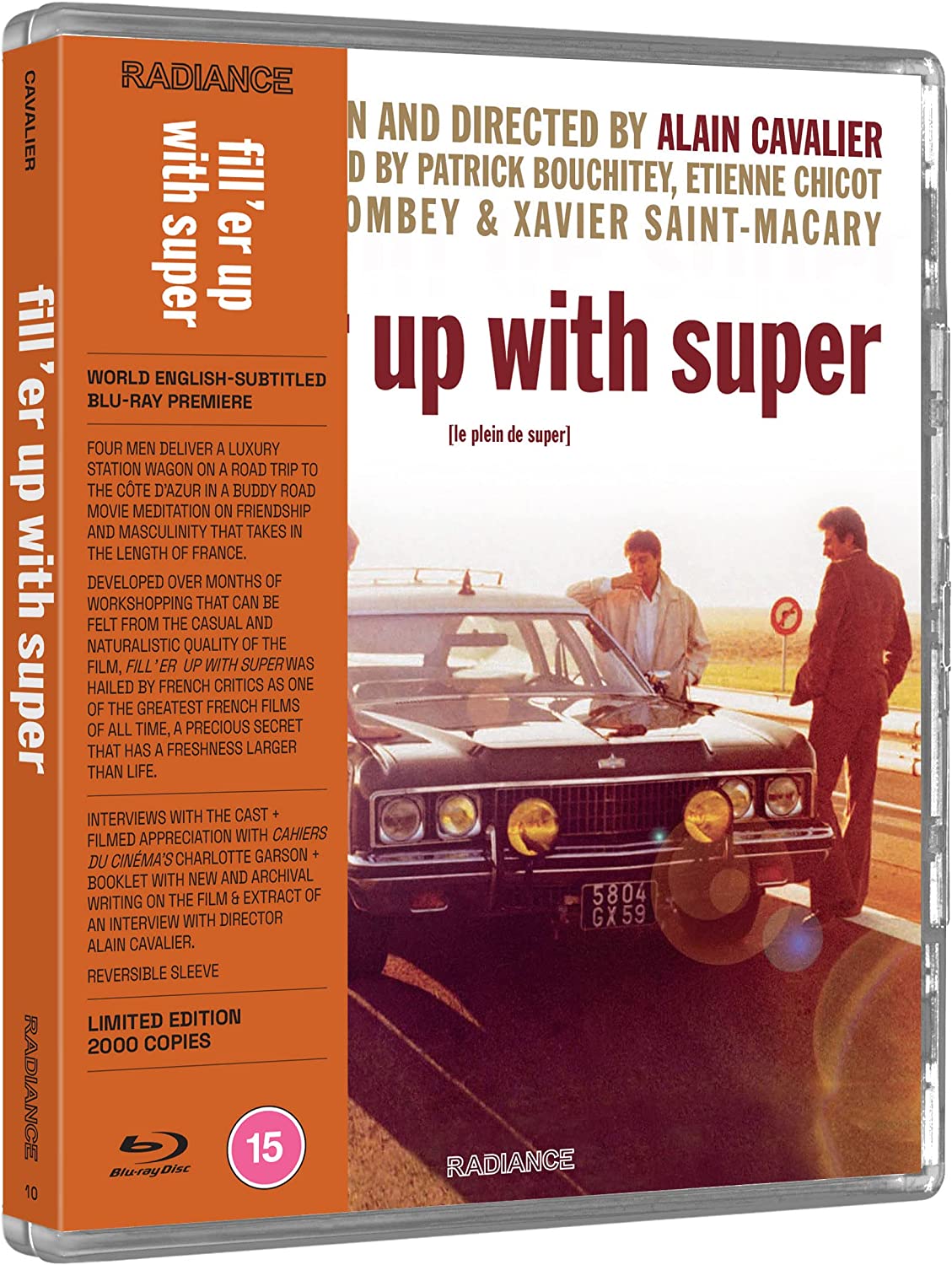 "Blu-ray case with orange spine and cover featuring a vintage car and two men."