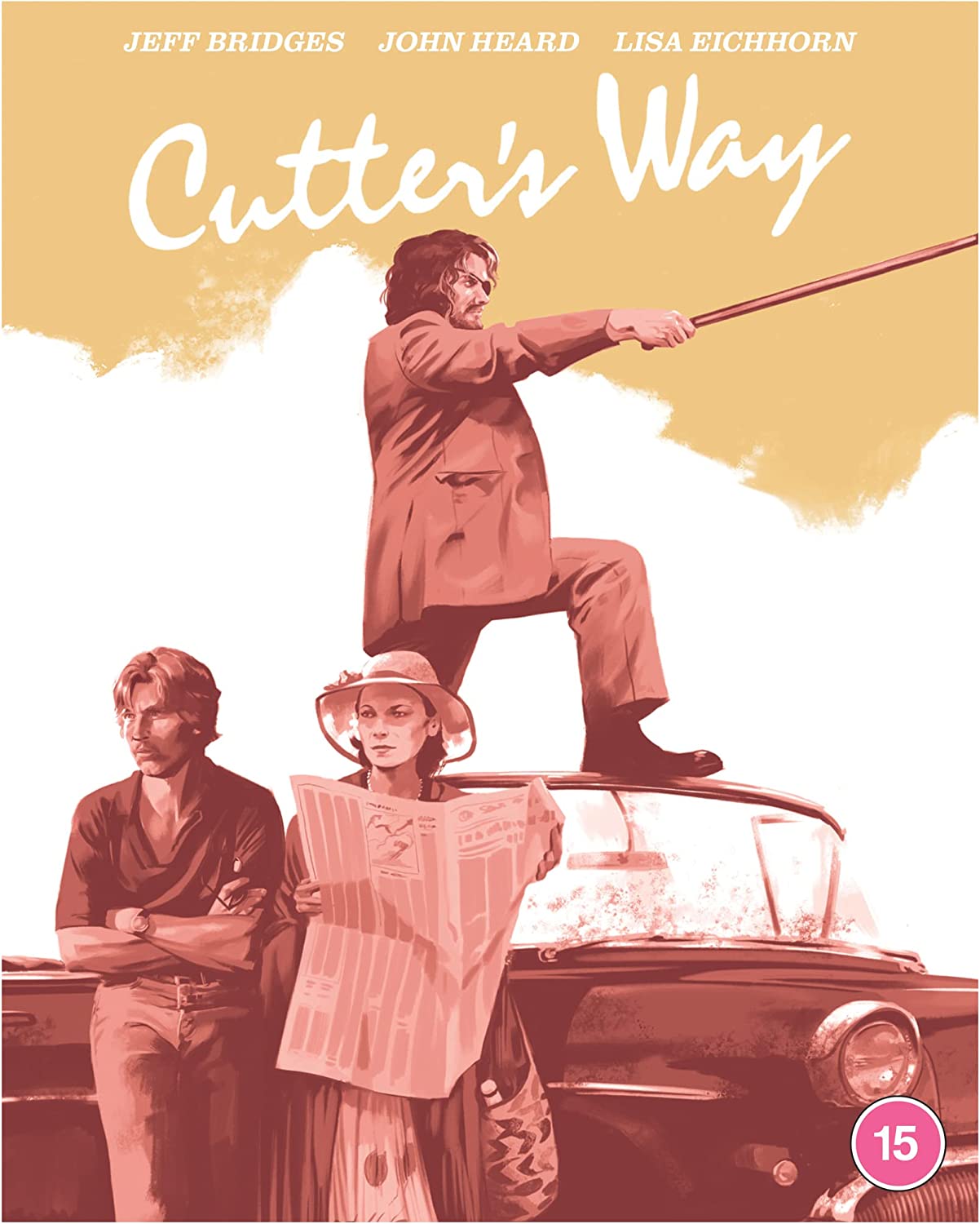 "Movie cover for 'Cutter's Way' featuring three illustrated characters and a car."