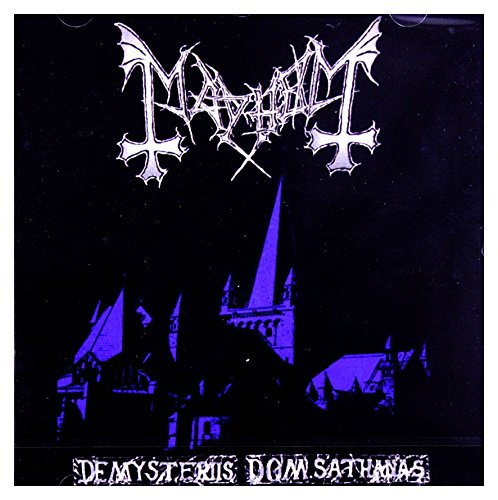 Mayhem album cover: dark, gothic church illustration with band logo.