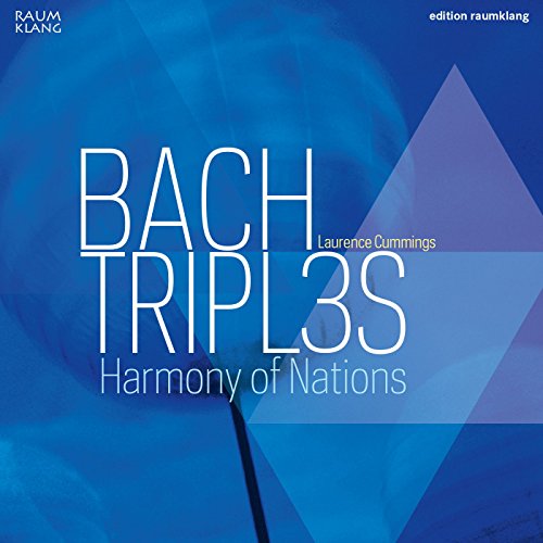 Blue album cover with white text "Bach Tripl3s" and geometric shapes.